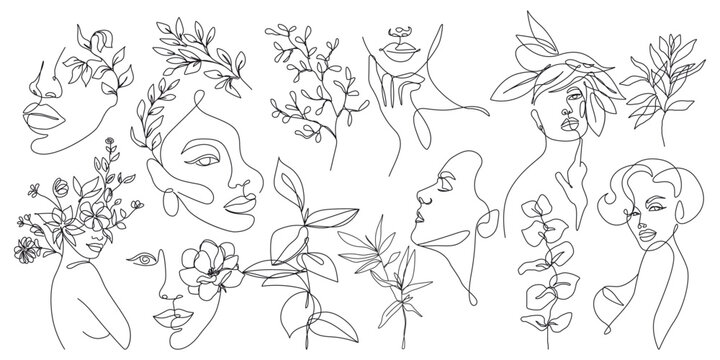 Woman Faces, Leaves, Plants, Lines Line art Drawing Set. Vector Set of Minimal Abstract Line Art Elements for Modern Graphic Design.