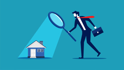 Real estate analysis. businessman looking at house with magnifying glass. vector