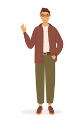 Young man in casual clothes and eyeglasses. Student concept character. Happy high school boy. Vector illustration in a flat style. Character illustration for presentations, cards, banners and other