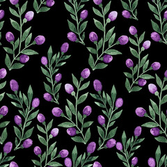 Hand drawn seamless endless watercolor floral pattern with small blossoming plants with pink buds and burgeons and green leaves on black background.Aquarelle backdrop as design element for printing