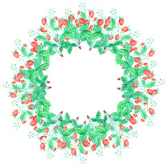 Watercolor hand drawn painted illustrated frame with red ripe mature strawberries with green leaves and copy space in the middle. Mock up with sweet berries.