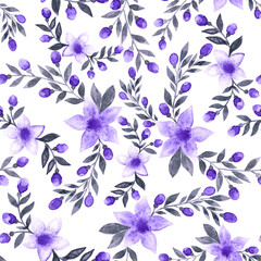Fototapeta na wymiar Floral hand drawn watercolor seamless endless pattern with lots of beautiful violet purple colored flowers with grey leaves and buds as aquarelle element for print fabric, cards, textile.Isolated 
