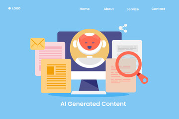 AI content generator software application - Content writing with artificial intelligence technology, internet communication web banner template.