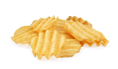 Heap of delicious ridged potato chips on white background