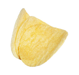 Tasty crispy potato chips isolated on white