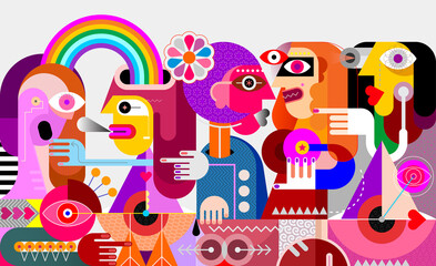 Man with a rainbow from his head rides a fantastic geometric bird. People gossip and point fingers to him. Modern abstract art vector illustration.