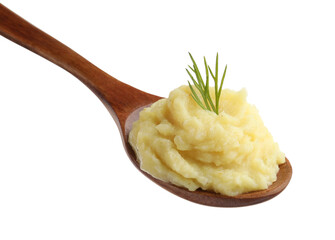 Wooden spoon of tasty mashed potatoes with dill isolated on white