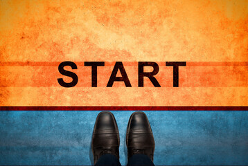 Start Line. Start background, Top view of Businessman with shoes is standing next to line and word Start, Business Challenge or do something new