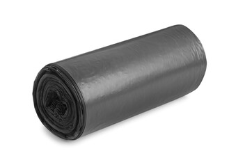 Roll of black garbage bags on white background. Cleaning supplies