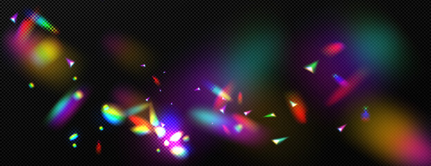 Fototapeta na wymiar Overlay rainbow effect, prism crystal light refraction. Lens flare, glass, jewelry or gem stone blurred reflection glare, optical physics effect on black background, Realistic 3d vector illustration