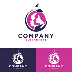 Beauty Face Woman with graphic illustration leaf Logo Design Template