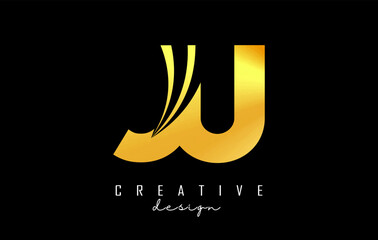 Creative golden letters JU j u logo with leading lines and road concept design. Letters with geometric design.