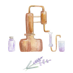 Distiller for essential oils. Watercolor illustration. 