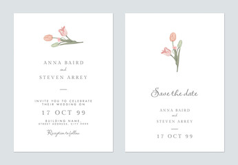 Minimalist floral wedding invitation card template design, tulip bouquet on white