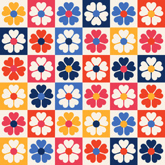 Vintage stylised flowers, placement by grid. Cheerful floral surface design print in old school 60s, 70sColorful retro background. Geometric abstract seamless pattern .