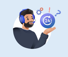 3D render Customer service, hotline operators consult customers with headsets on computers, 247 global online technical support, Call center, call processing system, 3D Vector illustration. Customer