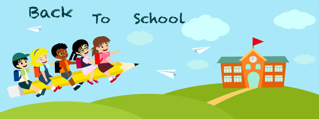 Obraz na płótnie Canvas Back to school banner vector illustration, happy five student children flying with pencil on blue sky with paper airplanes, group of multi ethnic friend have funny together, diversity kid education.