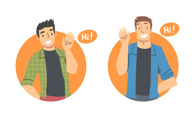 Cheerful people saying Hi set. Smiling young man doing greeting gesture cartoon vector illustration