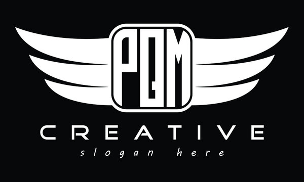 PQM three Letter wing minimalist creative concept icon eagle symbol professional logo design, Vector template