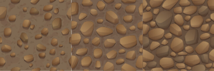 Game stones texture, pebbles, rocks, boulders seamless pattern. Cartoon background of rocky road or cobble pavement, textured material surface, graphic design templates for landscaping, Vector set