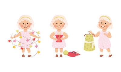 Cute little girl in everyday activities set. Smiling kid holding garland, wrapping gift box and choosing new dress cartoon vector illustration