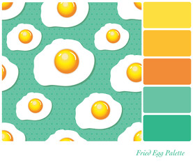 Fried Egg seamless pattern on green polka dot background, in a colour palette with complimentary colour swatches. 