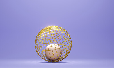 sphere in a golden wireframe on purple background, 3d render