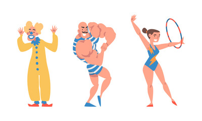 Circus performers set. Strongman, clown and aerial dancer characters cartoon vector illustration