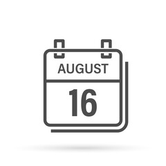 August 16, Calendar icon with shadow. Day, month. Flat vector illustration.