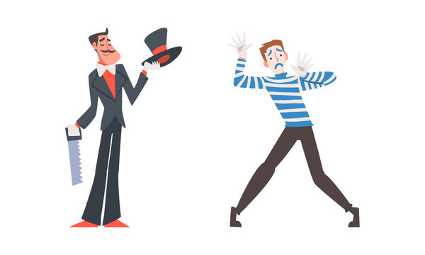 Circus performers set. Magician with saw and mime performing pantomime cartoon vector illustration