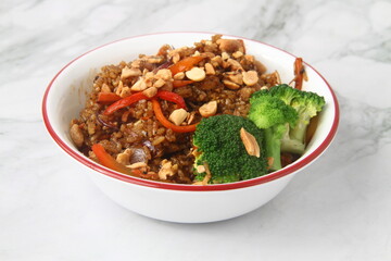 Freshly cooked Chinese food called Kung Pao Chicken