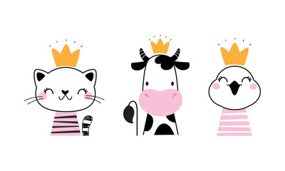 Head cute funny animals with golden crowns set. Cat, cow and owlet little princess hand drawn vector illustration