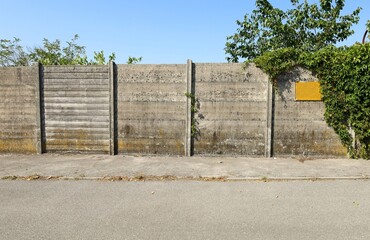 Rough concrete block surrounding wall with empty signboard and ivy on the right. Cement sidewalk and asphalt road in front. Background for copy space.