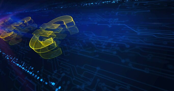 Euro stablecoin currency business and digital money hologram symbol appears on a electronic circuit background. Cyber technology and computer abstract concept 3d seamless and loop.