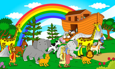 Obraz na płótnie Canvas illustration of bible stories, Noah's Ark and the animals, good for children's Bibles, printing, posters, websites and more