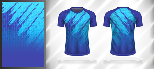 Vector sport pattern design template for V-neck T-shirt front and back with short sleeve view mockup. Dark and light shades of blue color gradient digital grunge texture background illustration.