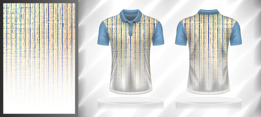 Vector sport pattern design template for Polo T-shirt front and back short sleeve view mockup. Blue-white-yellow-brown color gradient abstract grunge vertical line texture background illustration.