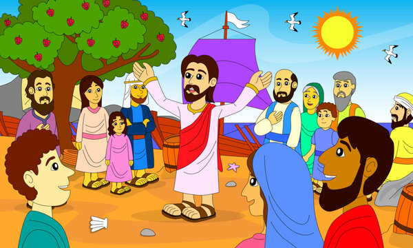 Jesus teaches many people by the lake of galilee, children's bible illustrations, christianity, printing, posters, websites and more