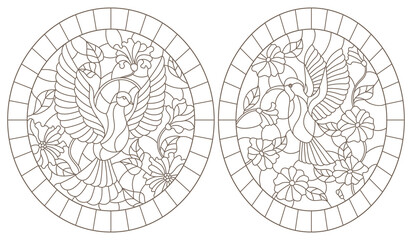 Set of outline illustrations of stained glass with birds and flowers, doves and hummingbirds, dark outlines on white background