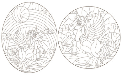 Set of contour illustrations of stained glass Windows with cartoon unicorns on the background of landscapes and sky, dark contours on a white background