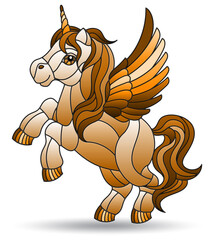 Illustration in stained glass style with a unicorn isolated on a white background, tone brown
