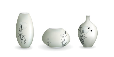 A set of ceramic vases with a picture of reed (cane) and herons or cranes flying in the sky on them. Vector graphic illustration.