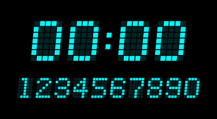 Fototapeta premium Digital electronic figures set pixel style. Digital numbers for watch, alarm clock, countdown and timer. Vector illustration graphic design