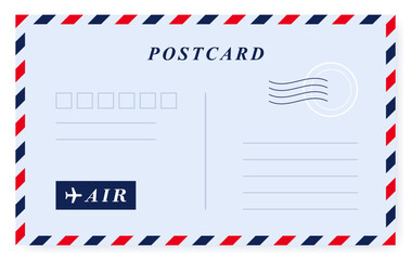 Vintage retro postcard template. Air mail envelope with postage stamp, postage card. Vector graphic design