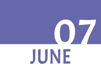 7 june calendar date with copy space. Very Peri background and white numbers. Trending color for 2022.