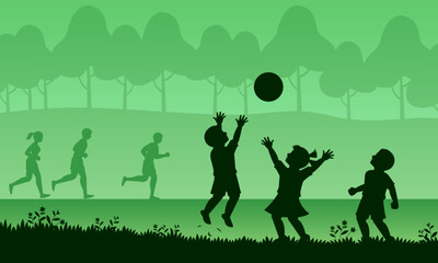 Naklejka na ściany i meble silhouette of a group of children playing ball, green tone outdoor exercise illustration