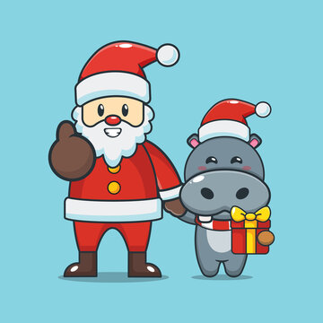 Cute hippo with santa claus. Cute christmas cartoon vector illustration.