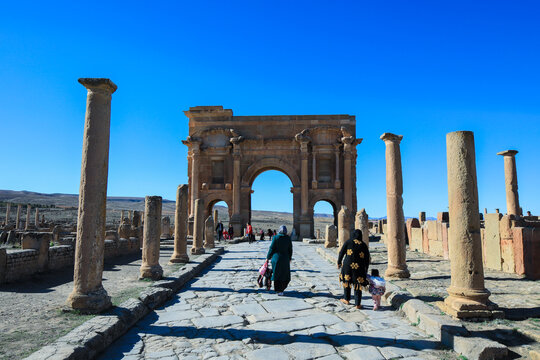 View to the Ruins of an Ancient Roman city Timgad also known as Marciana Traiana Thamugadi in the Aures Mountains, Algeria