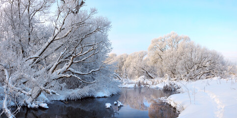 Winter scene with forest river