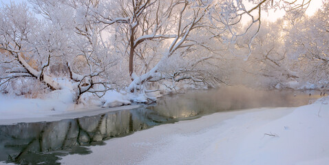 Winter scene with forest river